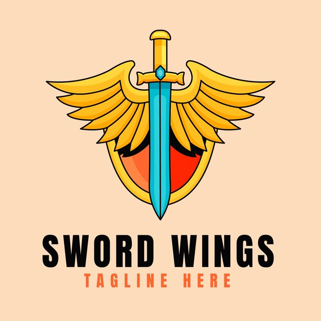 Hand drawn sword with wings logo template