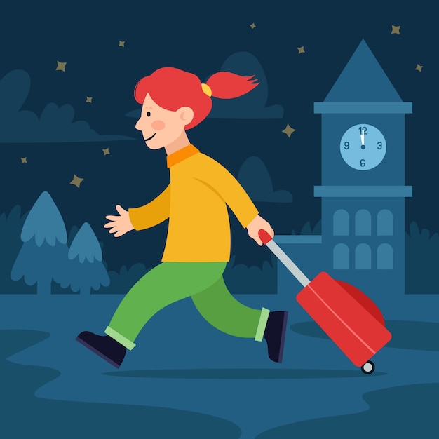 Hand drawn taking suitcases out on the street illustration with woman at midnight