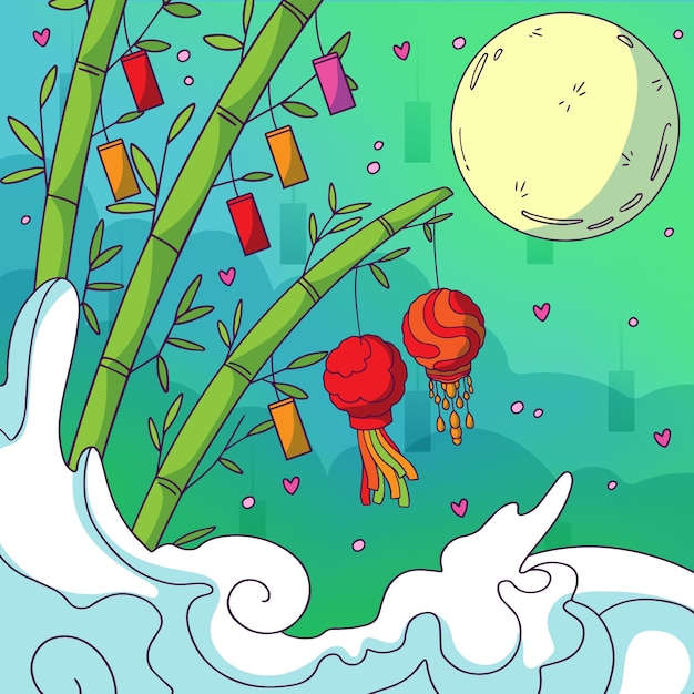 Free Vector hand drawn tanabata illustration with ornaments and full moon