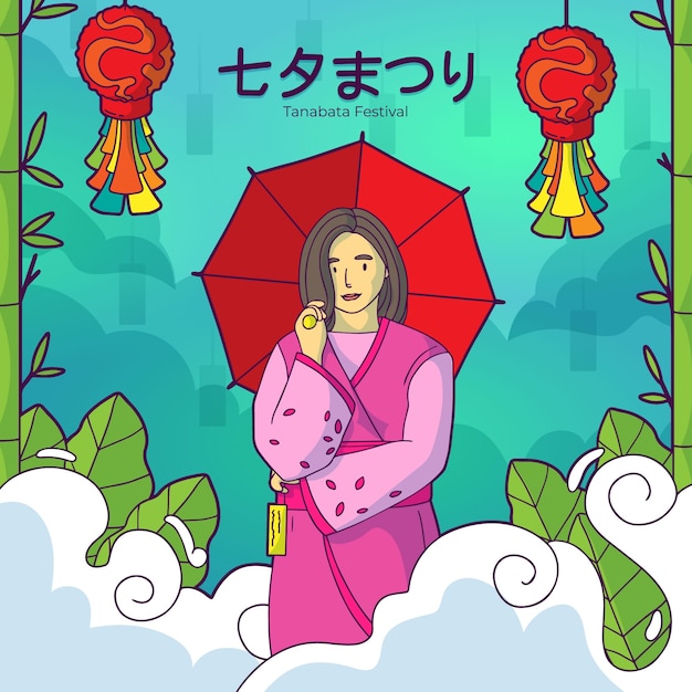 Hand drawn tanabata illustration with woman holding umbrella