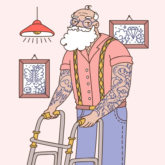 Hand drawn tattooed old people illustration