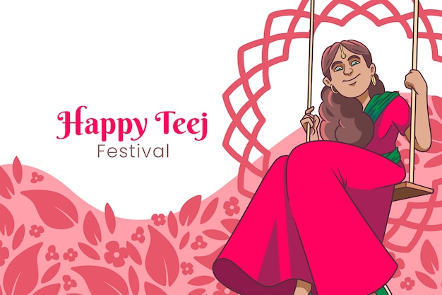 Hand drawn teej background with woman and swing