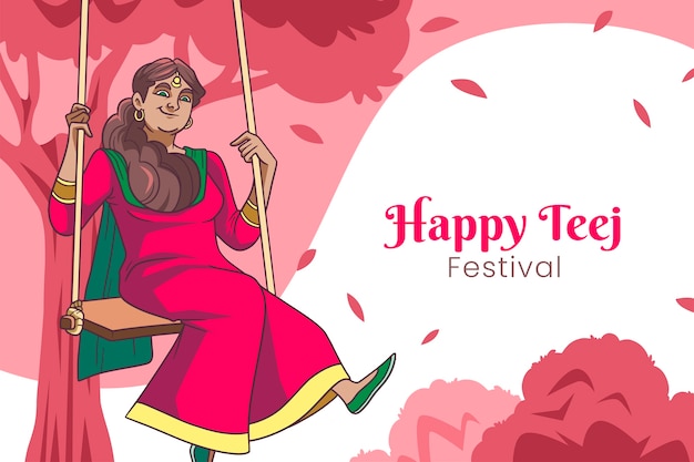 Hand drawn teej background with woman and swing