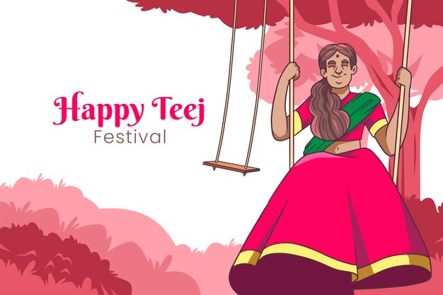 Hand drawn teej background with woman and swing