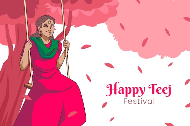 Hand drawn teej background with woman and swing