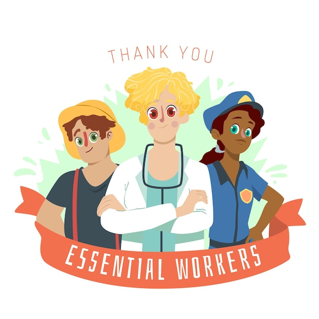 Hand drawn thank you essential workers illustration