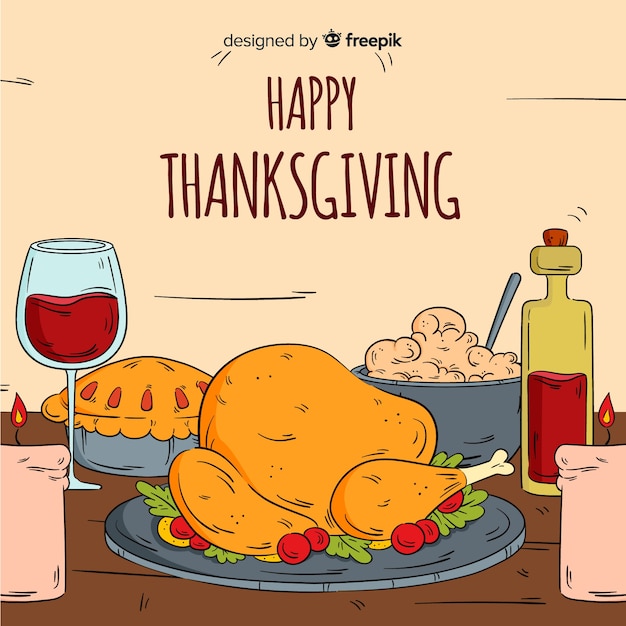 Hand drawn thanksgiving background with turkey