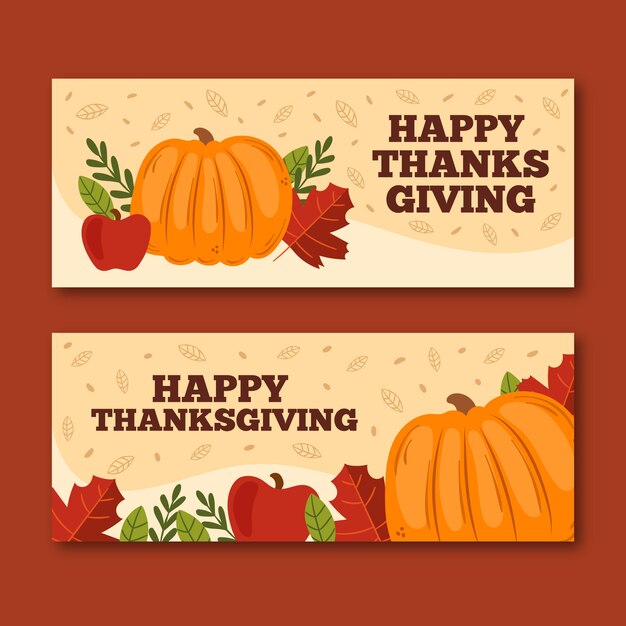 Free Vector hand drawn thanksgiving banners with pumpkin and leaves