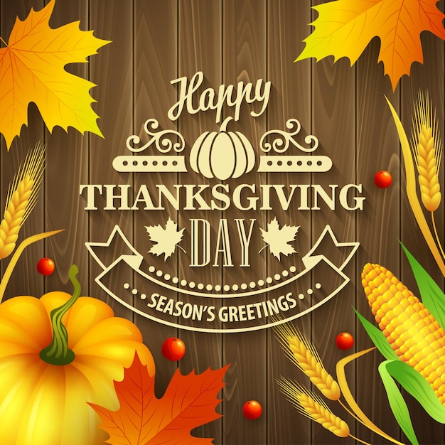 Hand drawn thanksgiving greeting card with leaves, pumpkin and spica on wood background. Vector illustration EPS 10