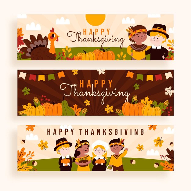 Hand drawn thanksgiving horizontal banners set