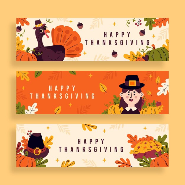 Hand drawn thanksgiving horizontal banners set