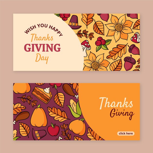 Hand drawn thanksgiving horizontal banners set