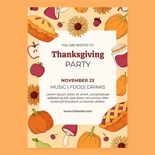 Free Vector hand drawn thanksgiving invitation template with pie and pumpkins