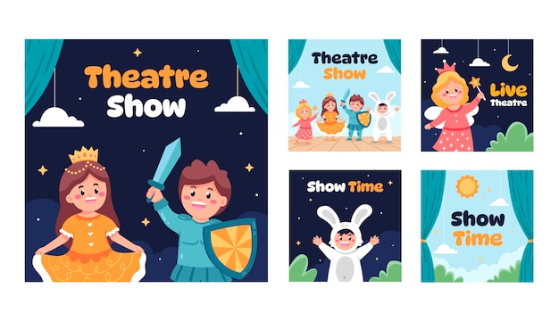 Free Vector hand drawn theatre show instagram posts set