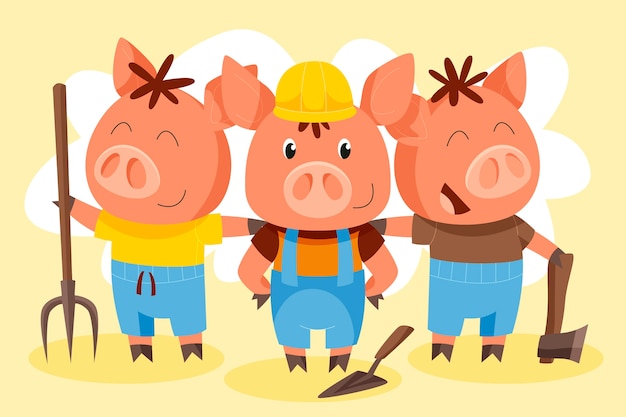 Hand drawn the three little pigs illustration