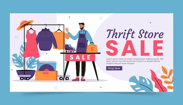 Free vector hand drawn thrift store horizontal banner