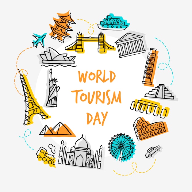 Free Vector hand drawn tourism day with landmarks