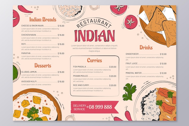 Free Vector hand drawn traditional indian restaurant menu template