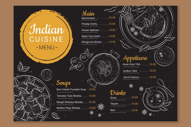 Hand drawn traditional indian restaurant menu template