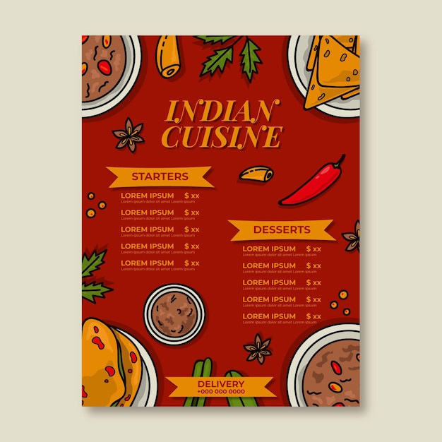 Hand drawn traditional indian restaurant menu template