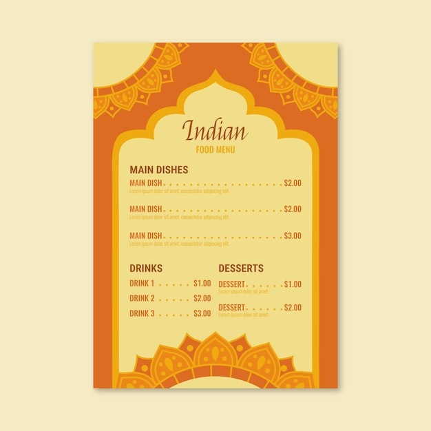 Hand drawn traditional indian restaurant menu template