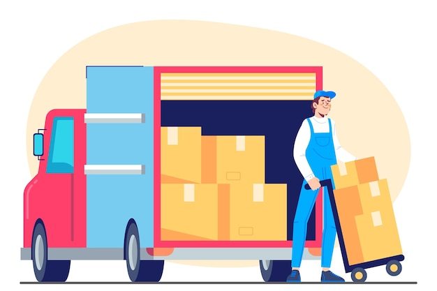 Free vector hand drawn transport truck and delivery man