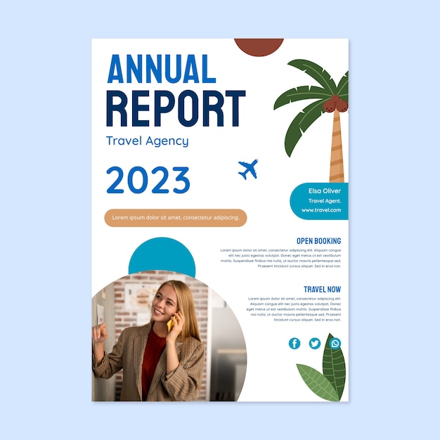 Hand drawn travel agency annual report with palm tree