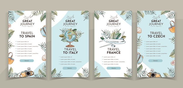 Hand drawn travel agency instagram stories collection