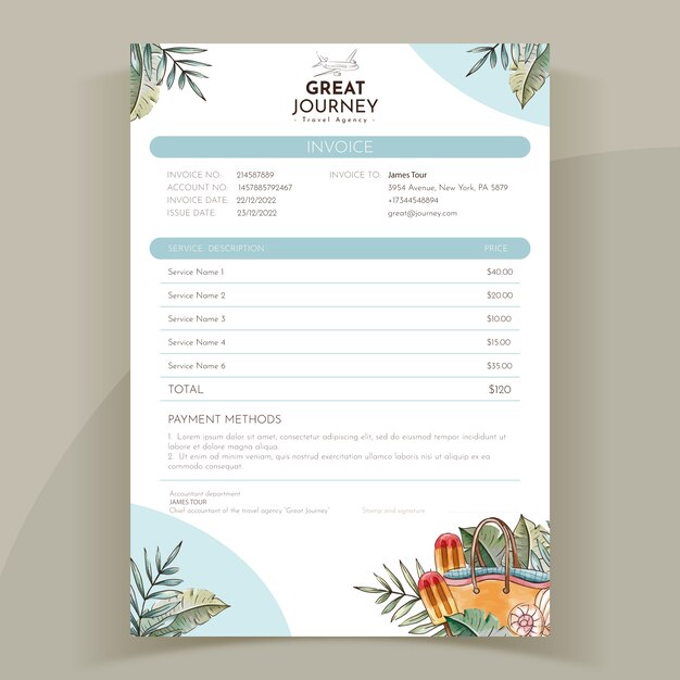 Hand drawn travel agency invoice template