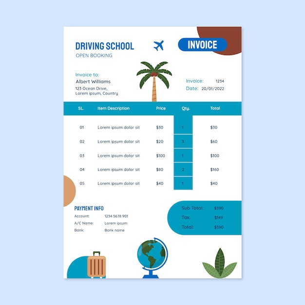 Hand drawn travel agency invoice with palm tree