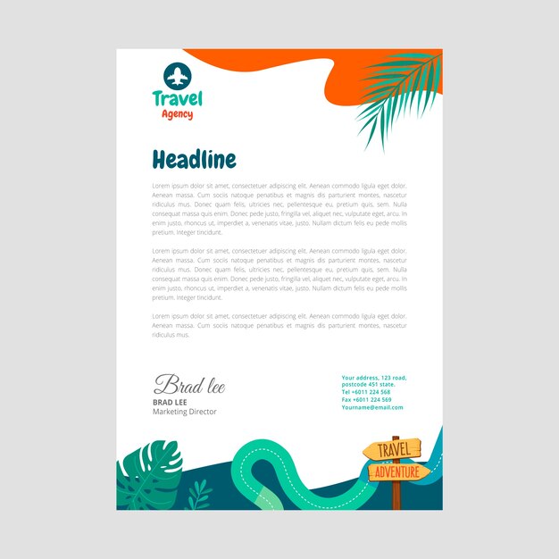 Hand drawn travel agency letterhead with leaves