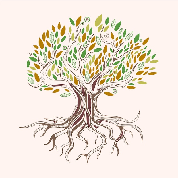 Hand drawn tree life with green and brown leaves