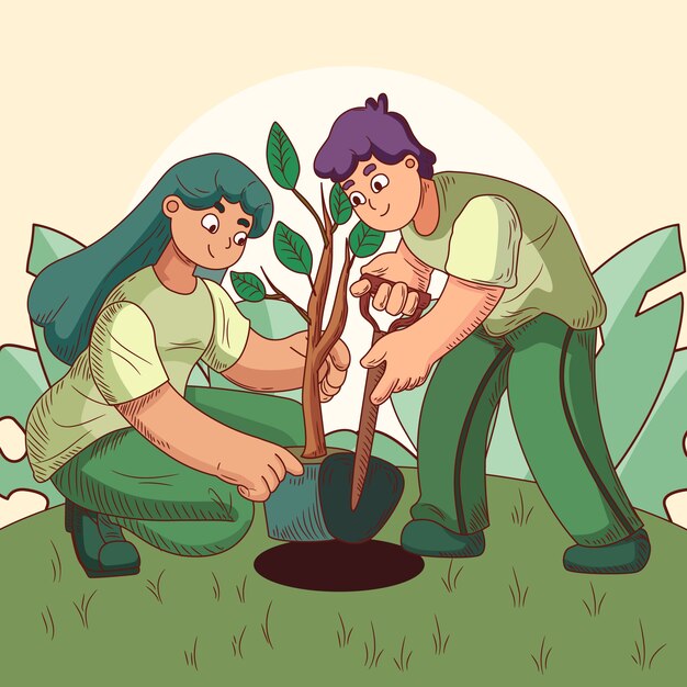 Hand drawn tree planting illustration