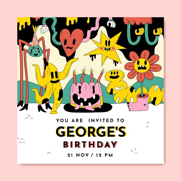 Hand drawn trendy cartoon birthday invitation template