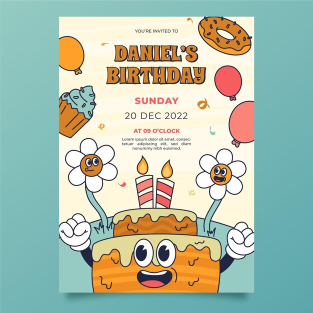 Hand drawn trendy cartoon birthday invitation