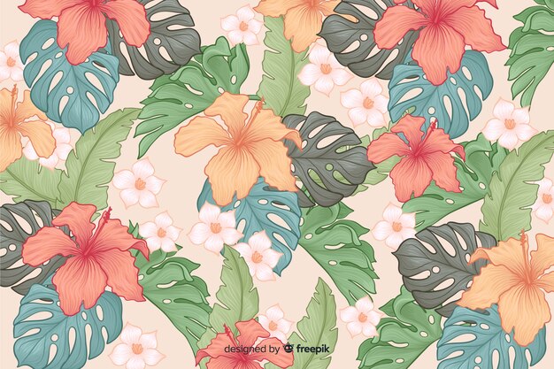 Hand drawn tropical flowers background