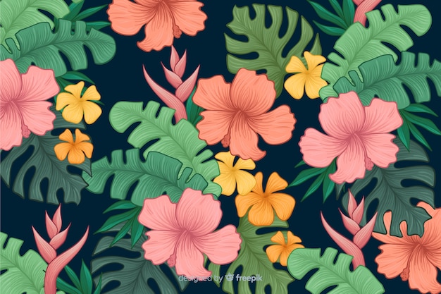 Hand drawn tropical flowers background