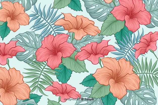 Hand drawn tropical flowers background