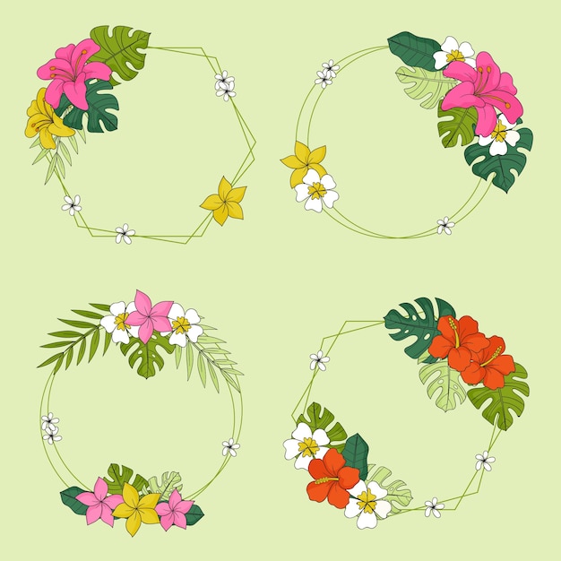 Hand drawn tropical flowers frame set