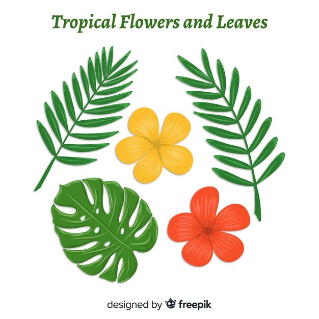 Hand drawn tropical flowers and leaves