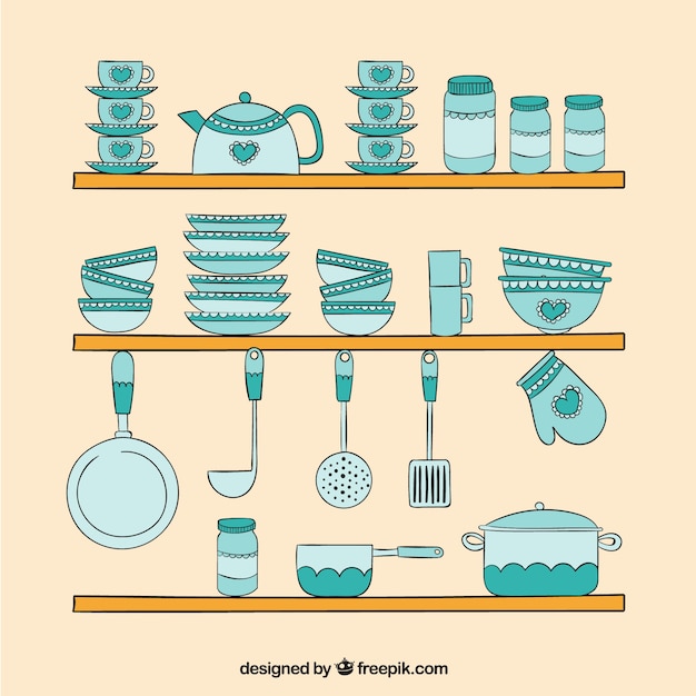 Free Vector hand drawn turquoise kitchen elements