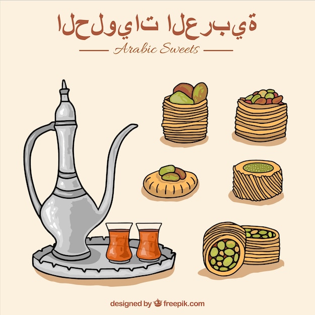 Free Vector hand drawn typical arab sweets with teapot