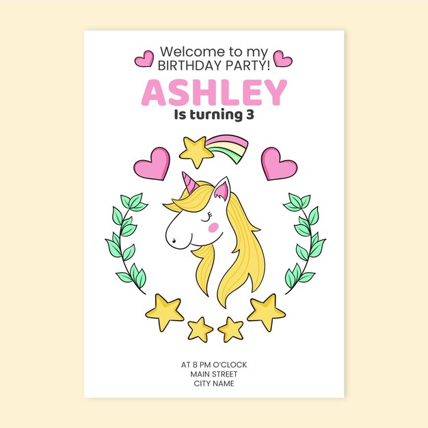 Hand drawn unicorn birthday invitation template