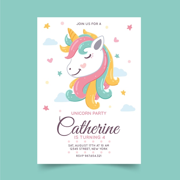 Hand drawn unicorn birthday invitation template