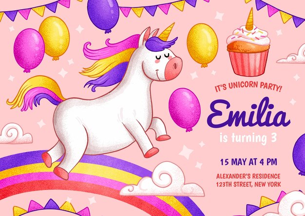 Hand drawn unicorn birthday invitation template