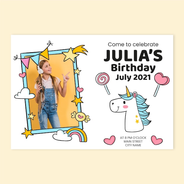 Free Vector hand drawn unicorn birthday invitation with photo template