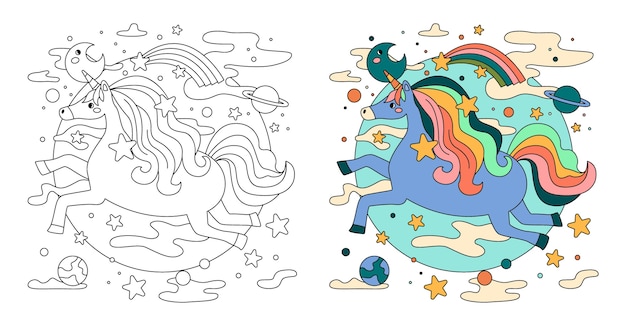 Free vector hand drawn unicorn  coloring book illustration