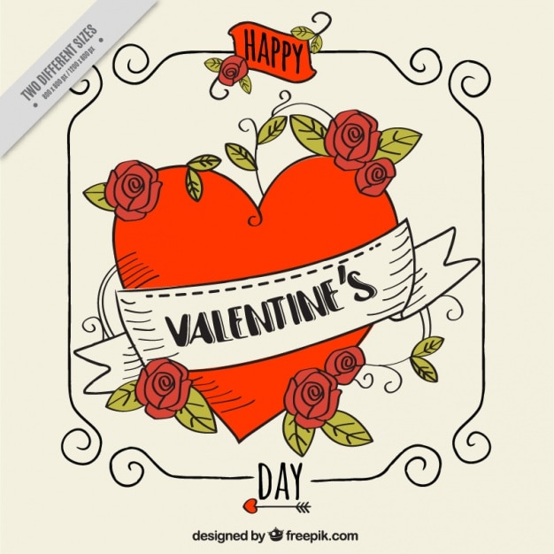 Hand-drawn valentine background with red heart and decorative flowers