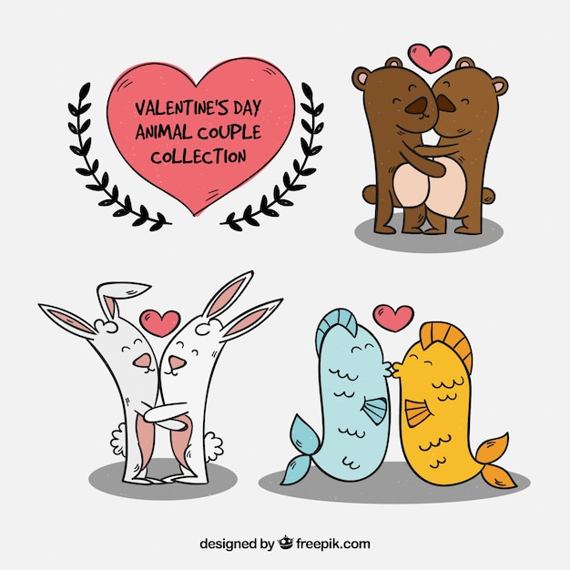 Free vector hand drawn valentine's day animal couple collection