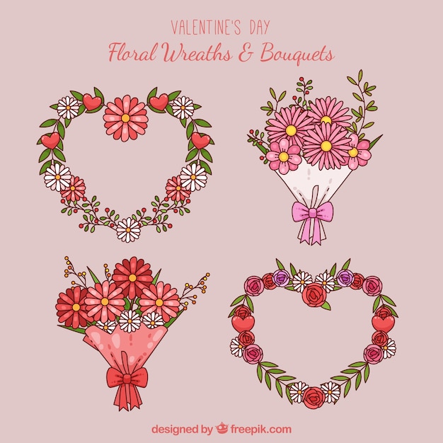 Free Vector hand drawn valentine's day floral wreaths & bouquets